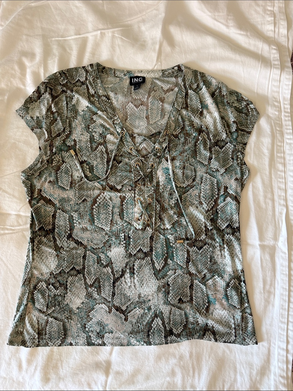 INC International Concepts Teal Green Snake-Print Lace-Up Short Sleeve Top